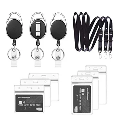 Immagine di cordino con portacarte, retrattile, 3 set include: cordino, clip per rocchetto e porta badge identificativo impermeabile, carte, portachiavi (Nero B03)