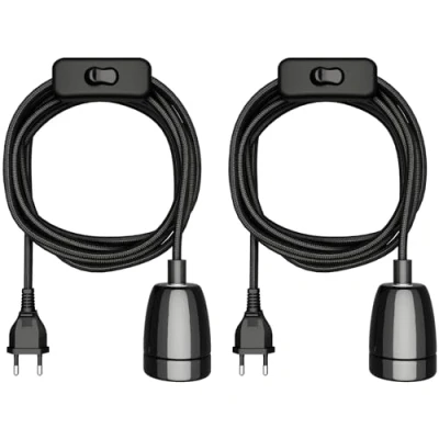 Immagine di ledscom.de 2 pezzi cavo tessile LEHA II, spina, interruttore, nero, 3 m, presa in porcellana, 1x E27 max. 300W