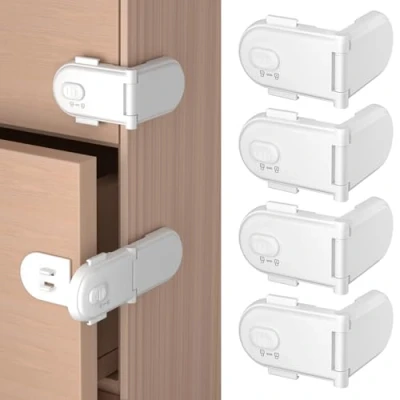 Immagine di REDTRON serrature per di sicurezza bambini con doppio interruttore (4 pezzi, bianco), armadietti a prova bambino, facili da installare adesivo 3M