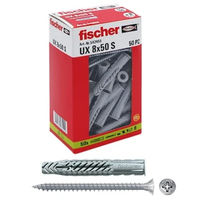 Immagine di Fischer 50 Tasselli UX con vite, 8 x mm per Muro pieno, Mattone Forato, Cartongesso, 542456, Grigio