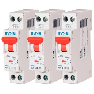 Immagine di EATON 264744 PLG4 C10/1N DISJONTORE MODULARE PH/N Bianco MANETTA ROSSO 1P+N / 10 a Curva C Connessione vite 3 interruttori