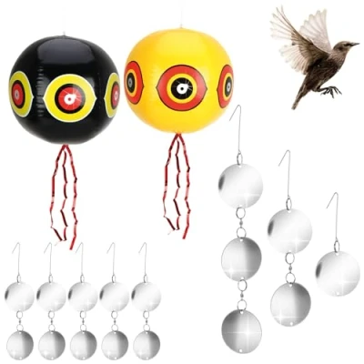 Immagine di com four® Set Repellente per Uccelli da 58 Pezzi 2 Palloncini con componenti di campanelli eolici spaventapasseri Riflettenti Contro Corvi, storni (58 Palloncino/Carillon a Vento)