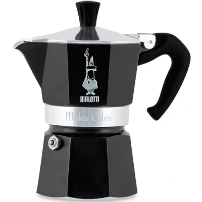 Immagine di Bialetti Caffettiera Moka Express Color, 6 Tazze, Manico anti scottatura, Non adatta a induzione, Tazze (250 ml), Alluminio, Nero
