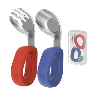 Immagine di Posate per Bambini in Inox Set Svezzamento con Forchette e Cucchiai Acciaio Manici Plastica Incurvati una Presa Facile Include Pratica Scatola di Conservazione DME