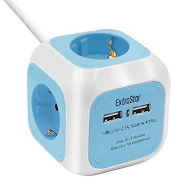 Immagine di EXTRASTAR 6 in 1 cubo multipresa con USB a 4 prese + 2 porte 5 V, 1,5 m, max 3680 W, 16 A, blu, per casa e ufficio