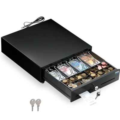 Immagine di POS VALLEY Cassetto per Registratore di Cassa Mini Piccolo, Apertura Automatica RJ11 e Chiave, Inserto Contanti 4 Banconote 8 Monete (Euro), 33x33 cm (Nero)