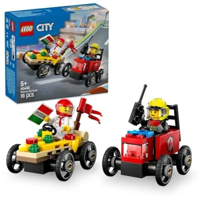 Immagine di LEGO City Pack Veicoli da Corsa: Pizzaiolo Contro Pompiere Macchine Giocattolo con 2 Minifigure, Giochi per Bambini e Bambine 5 Anni in su Regali Divertenti Compleanni Festività 60458
