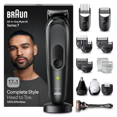 Immagine di Braun REGOLABARBA Tagliacapelli Uomo, Rasoio Elettrico Barba e Capelli, 17 in 1 Styling Kit per Barba, Corpo, Naso Orecchie, 100 Minuti Di Utilizzo, Idea Regalo, MGK7491 Nero