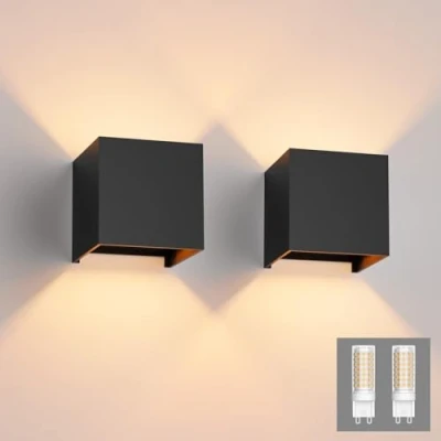Immagine di Klighten 2 Pezzi Lampade da Parete per Interni/Esterno Bianco Caldo 3000K Applique Con G9 Lampadina Sostituibile, Portico, Bagno, Corridoio,Balcone (Nero)