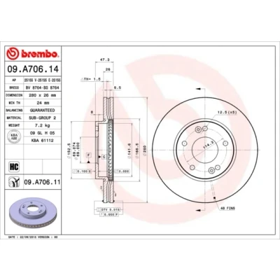 Immagine di BREMBO COATED DISC LINE 09.A706.11 Disco freno 280 26 5 ventilazione interna rivestito ad alto tenore di carbonio KIA: CARENS 2, 3