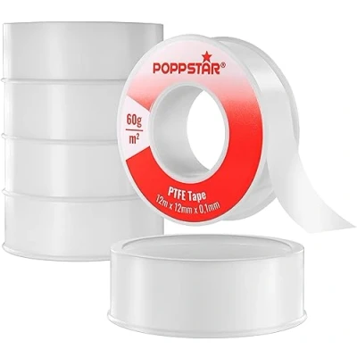Immagine di POPPSTAR Nastro sigillante per filettature PTFE 60g/m² teflon FRP filetti fini (tenuta gas e acqua) 12m x 12mm 0,1mm, 5 rotoli