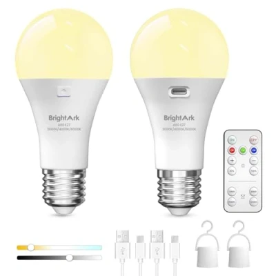 Immagine di BrightArk Lampadina LED E27 Ricaricabile USB Con Telecomando, 3 Temperature di Colore Dimmerabile per Luce Emergenza Casa ed Esterni (2 Pezzi)