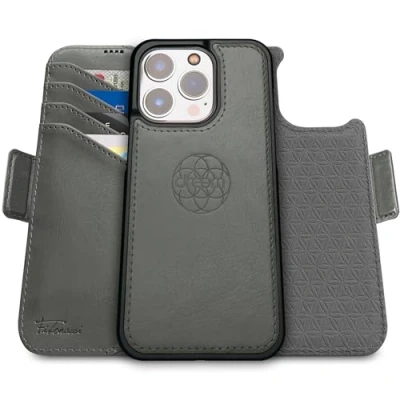 Immagine di dreem Fibonacci compatibile con iPhone 15 Pro custodia a portafoglio/custodia antiurto 2 in 1 e folio pelle vegana staccabile, MagSafe, protezione RFID [Grigio]