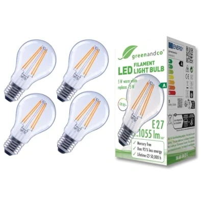 Immagine di greenandco 4 lampadine A filamento LED trasparente E27 A60 5 W 1055 lm sostituisce 75 2700 K bianco caldo 320 230 V senza sfarfallio Classe energetica non dimmerabile