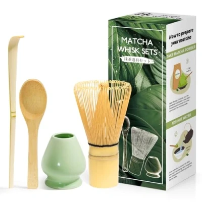 Immagine di 4 Pezzi Kit Cerimonia Matcha Giapponese, Frusta in Bambù Naturale, Cucchiaio di Bambù, Paletta Porta Frusta, Set per la Del tè, il Drink Blu celadon