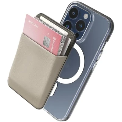 Immagine di Sinjimoru [2022 Updated] iPhone 14 Basic Magnetic Wallet for Apple Magsafe, Stretchy Fabric Cell Phone Card Holder Back of 12, 13 &amp; Series. M Grey