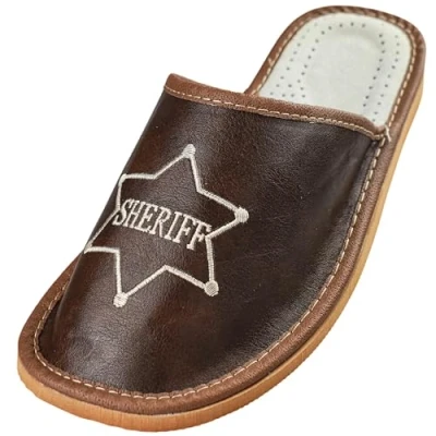 Immagine di APREGGIO Ciabatte Estive da Uomo in Pelle Liscia Pantofole Casa Con le dita coperte Slip On Suola Piatta Leggere Sheriff Marrone Taglia 43 EU