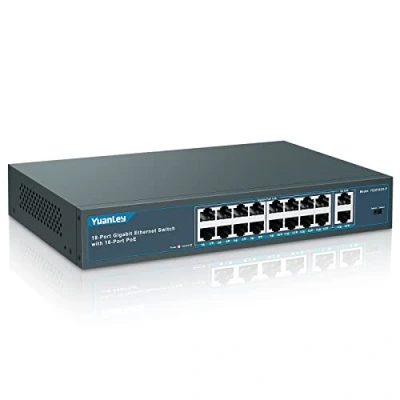 Immagine di YuanLey 18 Porte Gigabit PoE Switch, 16 PoE+ 1000 Mbps, 2 Uplink, 250W 802.3af/at, Desktop Metallo/montaggio su rack, Switch di Rete Plug and Play Non gestito