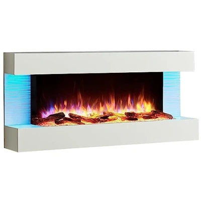 Immagine di BALDERIA camino elettrico Helia Caminetto da parete con effetto fiamma 3D Riscaldamento 2000 W Focolare sospeso a telecomando, timer, termostato Bianco