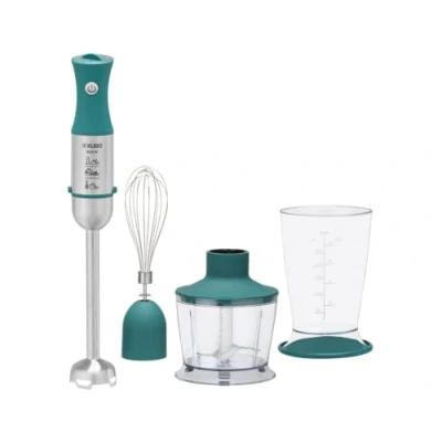 Immagine di Kubo frullatore a mano 3 in 1, 1000 W di potenza, regolatore velocità, 4 lame e piede acciaio inox, tritatutto da 600 ml, bicchiere misuratore 500