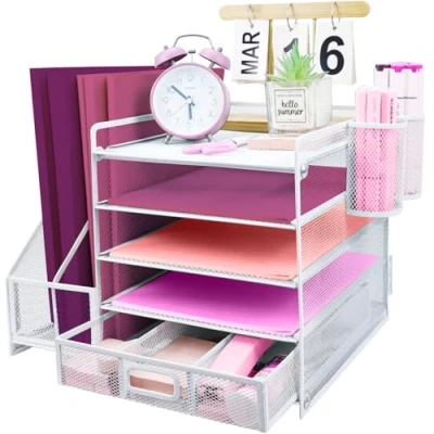 Immagine di ideallife Organizzatore da scrivania in metallo, a 5 livelli, con porta documenti, portaoggetti, oggetti, rete, riviste, per ufficio, documenti (bianco)