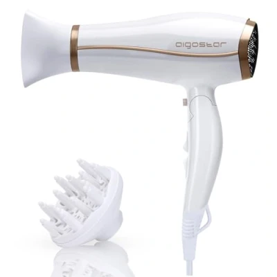 Immagine di Aigostar Luna — Asciugacapelli Professionale 2200W Ionico Negativo con motore DC, 2 Velocità 3 Impostazioni di calore e pulsante Cool. Incluso Concetratore diffusore. Pieghevole. Bianco