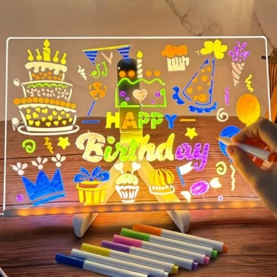 Immagine di Lavagna Promemoria LED con Colori, Memo in Acrilico 7 Colori Supporto Regolabile, Riutilizzabile, Luminosa a Trasparente, Blocco Note, (30 * 20 cm)