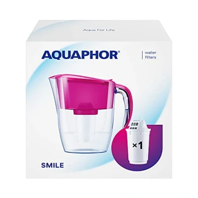 Immagine di AQUAPHOR Smile, caraffa filtrante per acqua, salvaspazio, leggera, adatta frigorifero con capacità di 2,9 l, 1 filtro A5 incluso aggiunta magnesio, riduce il cloro e le microplastiche,