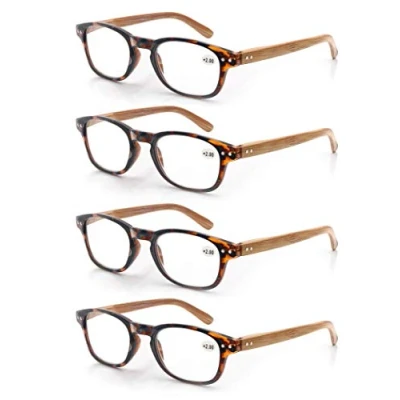 Immagine di MODFANS Confezione da 4 occhiali lettura 2.5 per uomo/donna, Cerniera a molla,leggera,effetto legno, lente trasparente con custodia,marrone