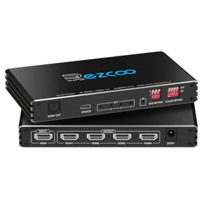 Immagine di 8K@60Hz 4K@120Hz HDMI 2.1 Splitter 1X4 Audio Extractor VRR ALLM HDCP2.3 HDR10 Optical SPDIF5.1 EDID Scaler 4K to 1080P HDCP Bypass Atmos Vision Dual Monitor per PS5 Xbox Soundbar Capture Card