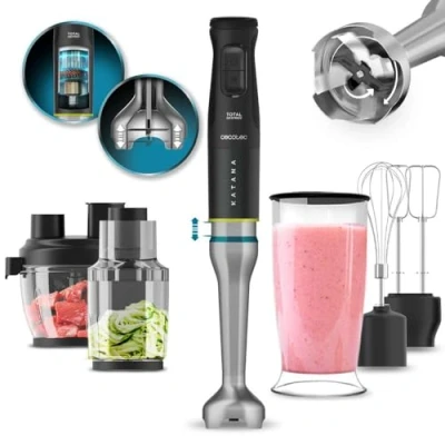 Immagine di Cecotec Frullatore a immersione Katana TotalDestroy 1500XL DoubleKatana, 1500 W, sistema doppio coltello, 21 velocità e turbo, 4 fogli con titanio nero, campana antisalpaduras, nave da 800 ml.