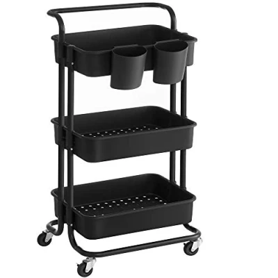 Immagine di SONGMICS carrello mobile a 3 livelli, con ruote, scaffale manico, 2 barattoli, freni, cestelli in plastica, montaggio semplice, per camera da letto, cucina, nero BSC067B01