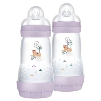 Immagine di MAM Biberon Easy Start Anticoliche, Set di 2 per Bambini 4 Mesi, 260 ml con Tettarella Flusso 2+ mesi in Silicone SkinSoft, Bio circolare, Lilla