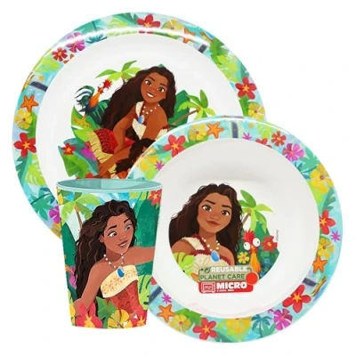Immagine di Sorrisini Set Stoviglie riutilizzabili adatte per microonde Vaiana, Piatti in plastica con piatto, ciotola, bicchiere, Svezzamento Prima Pappa Bimbi plastica, Vaiana