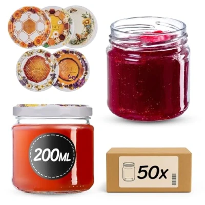 Immagine di KADAX Piccoli vasetti per conserve da 200 ml, fi66 mm, mini miele e spezie, ermetici, conserve, bicchieri, rotondi (miele di fiori, 50 pezzi)