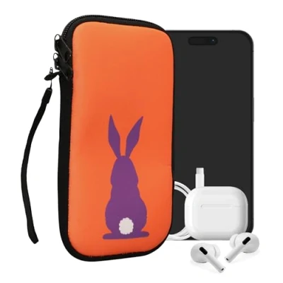 Immagine di kwmobile Custodia in neoprene con zip per smartphone XXL 7&quot; Astuccio portacellulare a sacchetto cerniera Borsa verticale Sagoma Coniglio viola/corallo