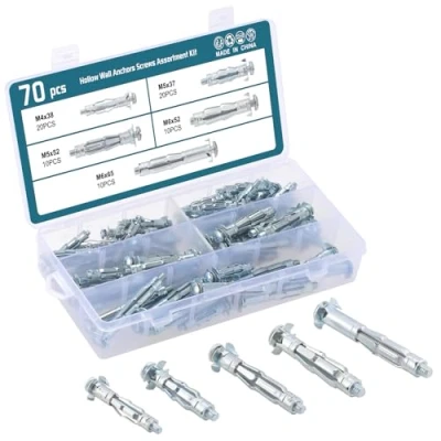 Immagine di Hseamall Set di 70 tasselli ancoraggio resistenti per cartongesso, in metallo fissaggio su pareti a intercapedine, misure M4 x 38 mm, M5 37 52 M6 65 mm