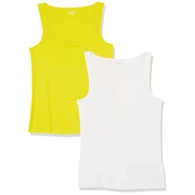 Immagine di Amazon Essentials Canotta con Scollo Quadrato, vestibilità Aderente Donna, Pacco da 2, Bianco/Giallo Limone, M