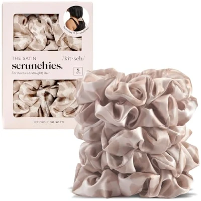 Immagine di Kitsch Scrunchies in raso,più morbido della seta,elastici per capelli Prevenzione crespo,Scrunchie sonno e notte,Confezione da 5 leopardo