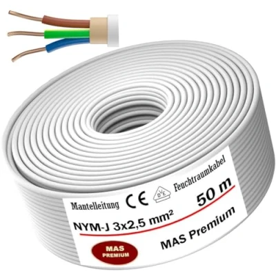 Immagine di MAS Premium cavo di alimentazione per ambienti umidi, 5 200 m, NYM J 3 x 1, 5, 2,5, 4, 6 o 10, elettrico ad anello posa fissa (NYM 2, mm², 50 m)