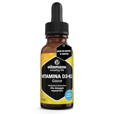Immagine di Vitamina D3 + K2 Gocce, 1000 UI ad Alta Dose, Vegetariano &amp; Liquido (99,7+% All Trans MK 7), 50 ml (1700 Gocce), Elevata Biodisponibilità, Nessun Additivo Inutile