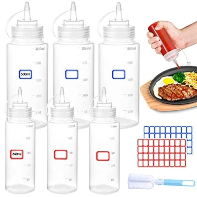 Immagine di YIYICO Flacone Dosatore Biberon Cucina Bottiglia Squeeze di Plastica 240ml/500ml 6pz Condimento Dispenser con Tappi Senza BPA per Ketchup Senape Mayo Salsa Olio d&#039;oliva (Trasparente)