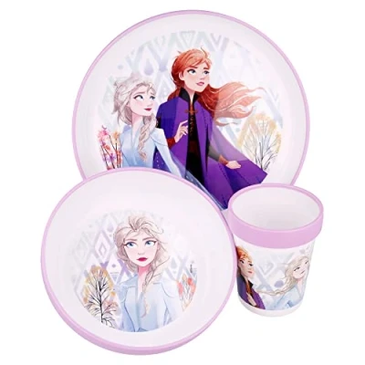 Immagine di Set Pappa 3 pezzi Bambini Disney Frozen, in plastica senza BPA, composto da un piatto piano, uno fondo e bicchiere, lavabile riutilizzabile
