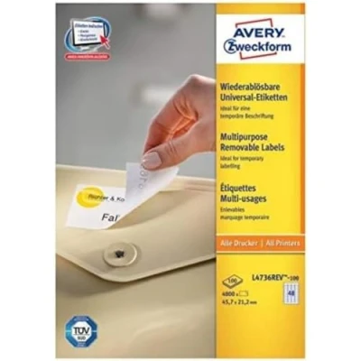 Immagine di Avery Zweckform L4736REV 100 Etichetta universale 45.7 x 21.2 mm Carta Bianco 4800 pz. Staccabile Stampante a getto dinchiostro, laser,