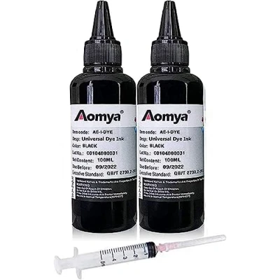 Immagine di Aomya 2 Bottle Black Universal Dye Ink Kit di ricarica 100 ml per stampanti HP Canon, Epson, Brother, Lexmark, cartucce compatibili con CISS CIS System 1 Syring gratuito