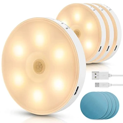 Immagine di Aigostar 4 Pezzi 3000K Luce Notturna Bambini con Sensore di Movimento, Armadio USB Ricaricabile Striscia Magnetica Adesiva, 0.5W Luci Notturne per Camere da Letto, Corridoio, Cucina, Scale