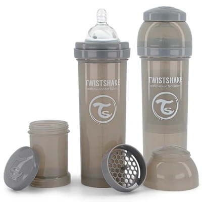 Immagine di Twistshake 2x Biberon Anticolica Con Contenitore Per Il Latte In Polvere E Miscelatore 330ml, Tettarella Silicone A Flusso Rapido, Senza BPA, 4+Mesi, Grigio