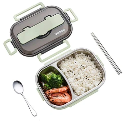 Immagine di amropi Scatole Bento Lunch Box Acciaio Inossidabile Contenitori 2/3/4/5 Scomparto Dispensa con Bastoncini e Cucchiaio (Verde, 2 Scomparto)