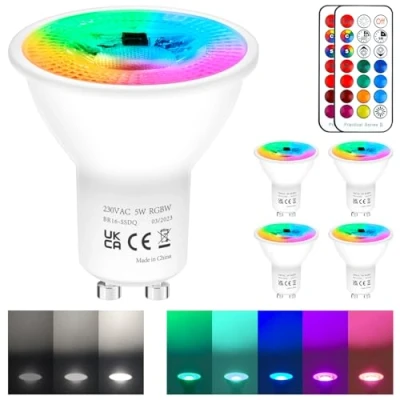 Immagine di REYLAX 4pcs Lampadine LED GU10 5W, RGB + Bianco Freddo, Faretto Che Cambiano Colore, 12 Colori 5 Modalità, Attivazione Della Memoria, Regolazione Tramite Telecomando a Infrarossi