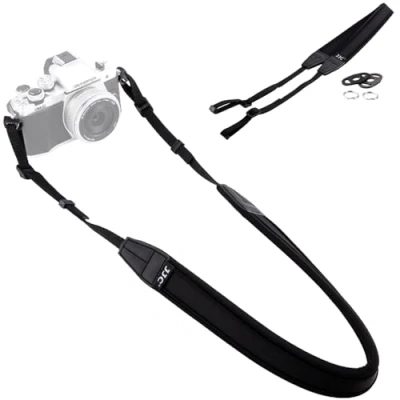 Immagine di JJC Tracolla in neoprene morbido antiscivolo per fotocamere Fujifilm X100VI Nikon Z30 Z50 Canon M50 M6 Sony ZV 1 E10 A6600 Olympus tutte le DSLR SLR, colore nero